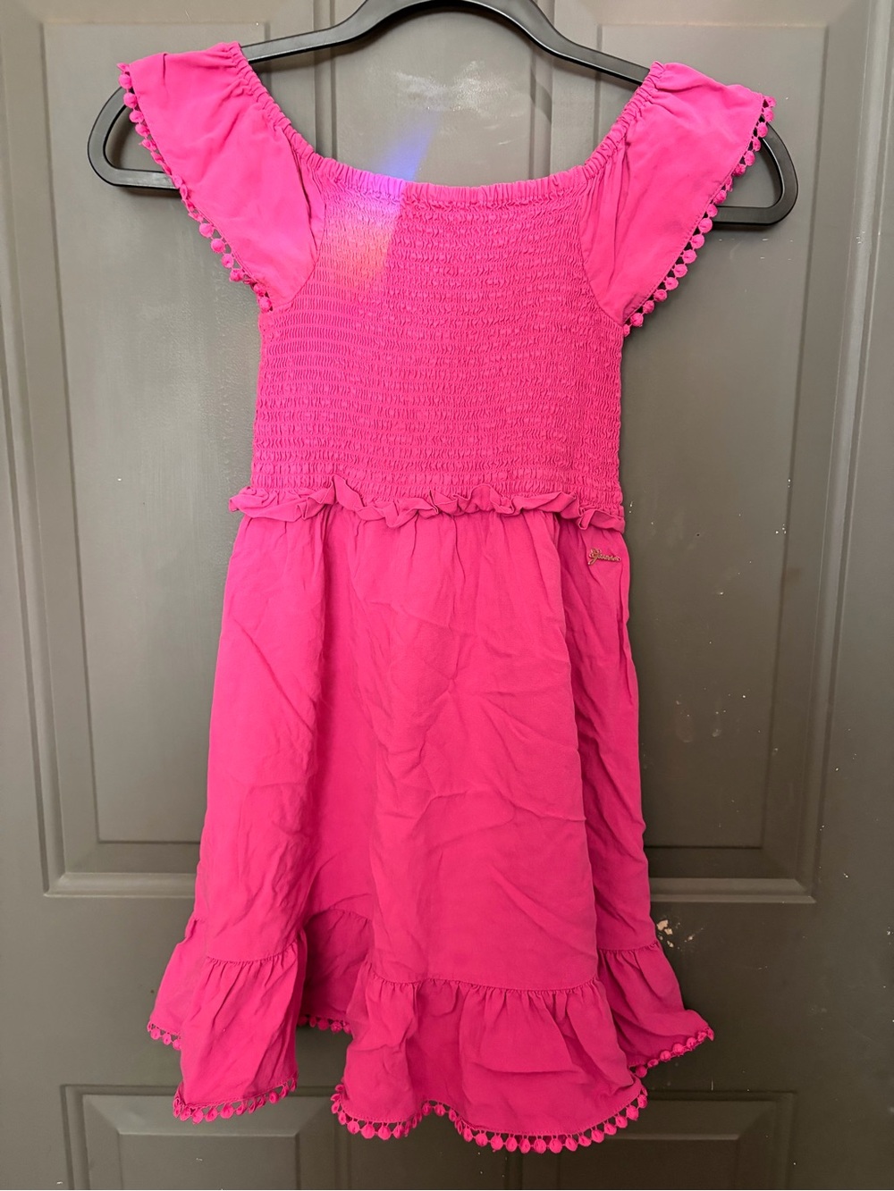 Girls' Guess Pink Smocked Sundress with Pom Trim